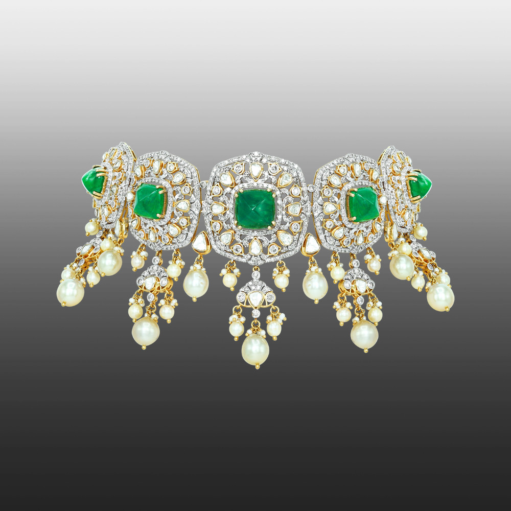 Emerald and Polki Choker with Pearls